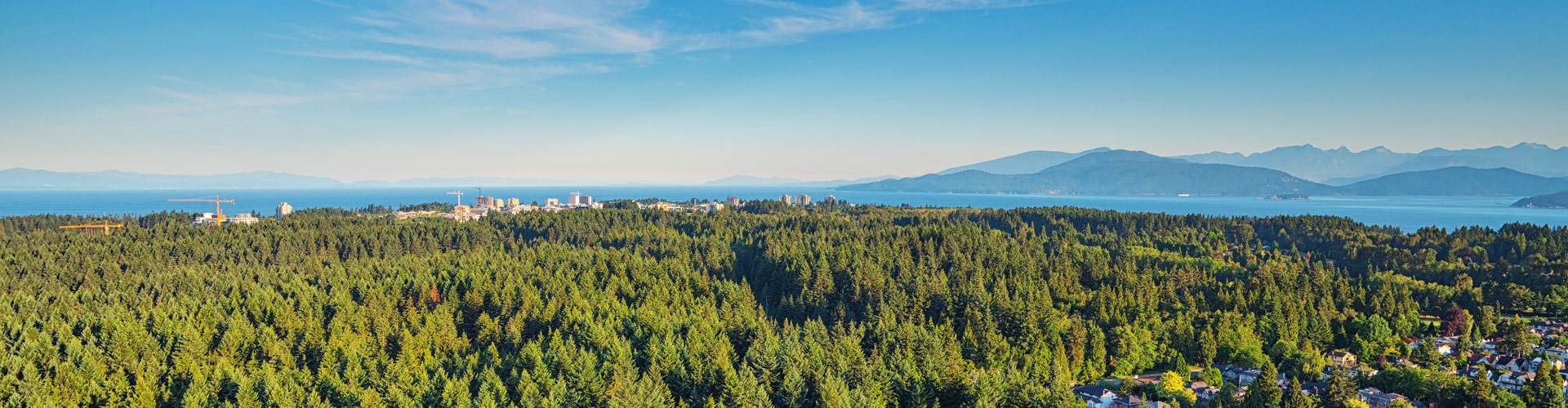 aerial view of UBC Vancouver campus with forest in the foreground and mountains in the background